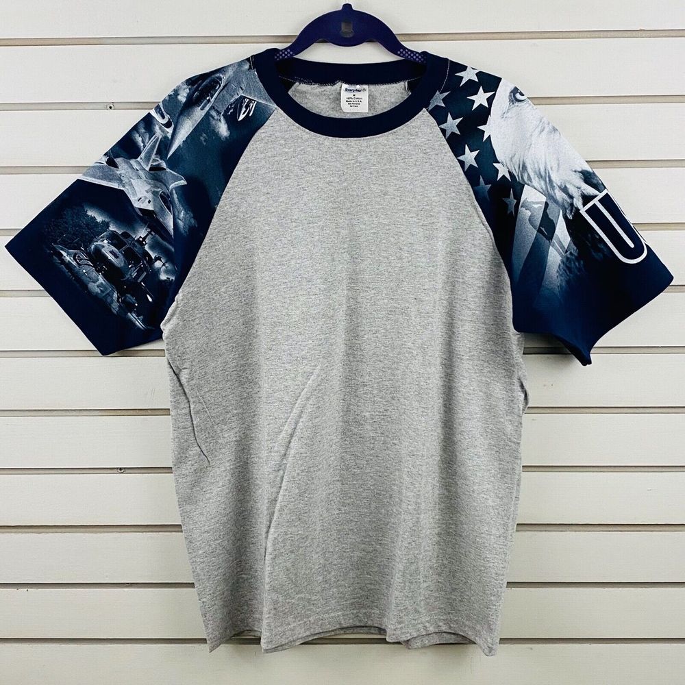 Mens M Everyday Life USA T-Shirt‎ Gray Blue Short Printed Sleeves Eagle Military